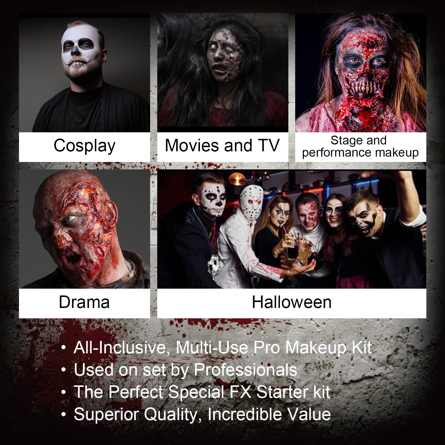 immetee makeup in use on zombie cosplay, demonstrates dramatic stage-ready effect