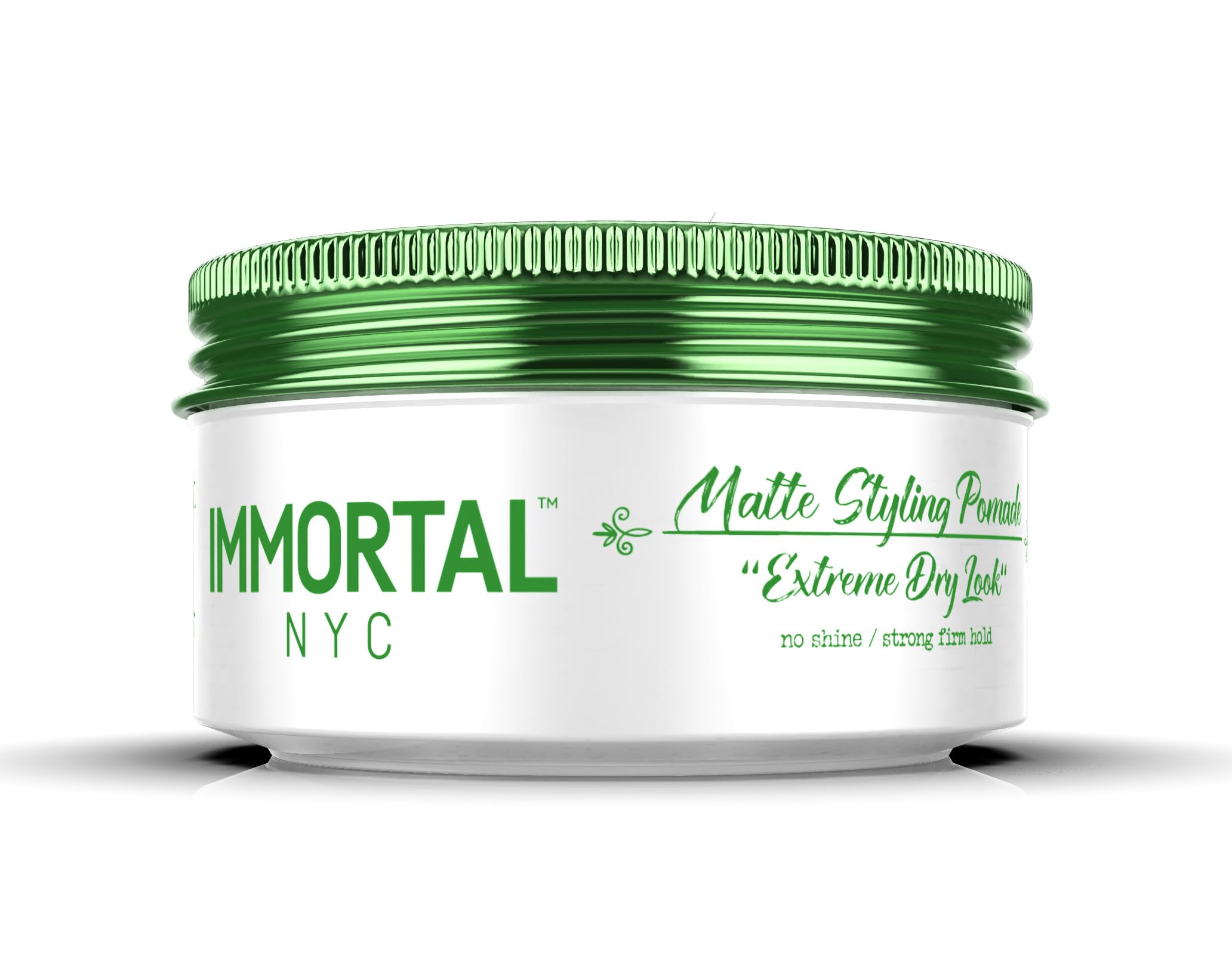 Immortal NYC front jar view showing label and matte pomade benefit