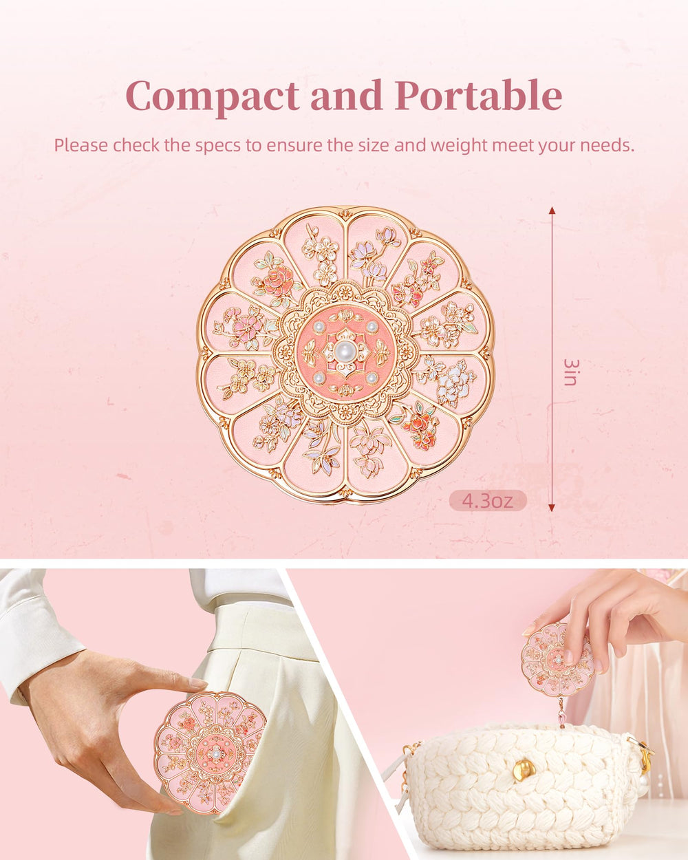 Imperblooms compact peeking from a purse for on-the-go touch-ups