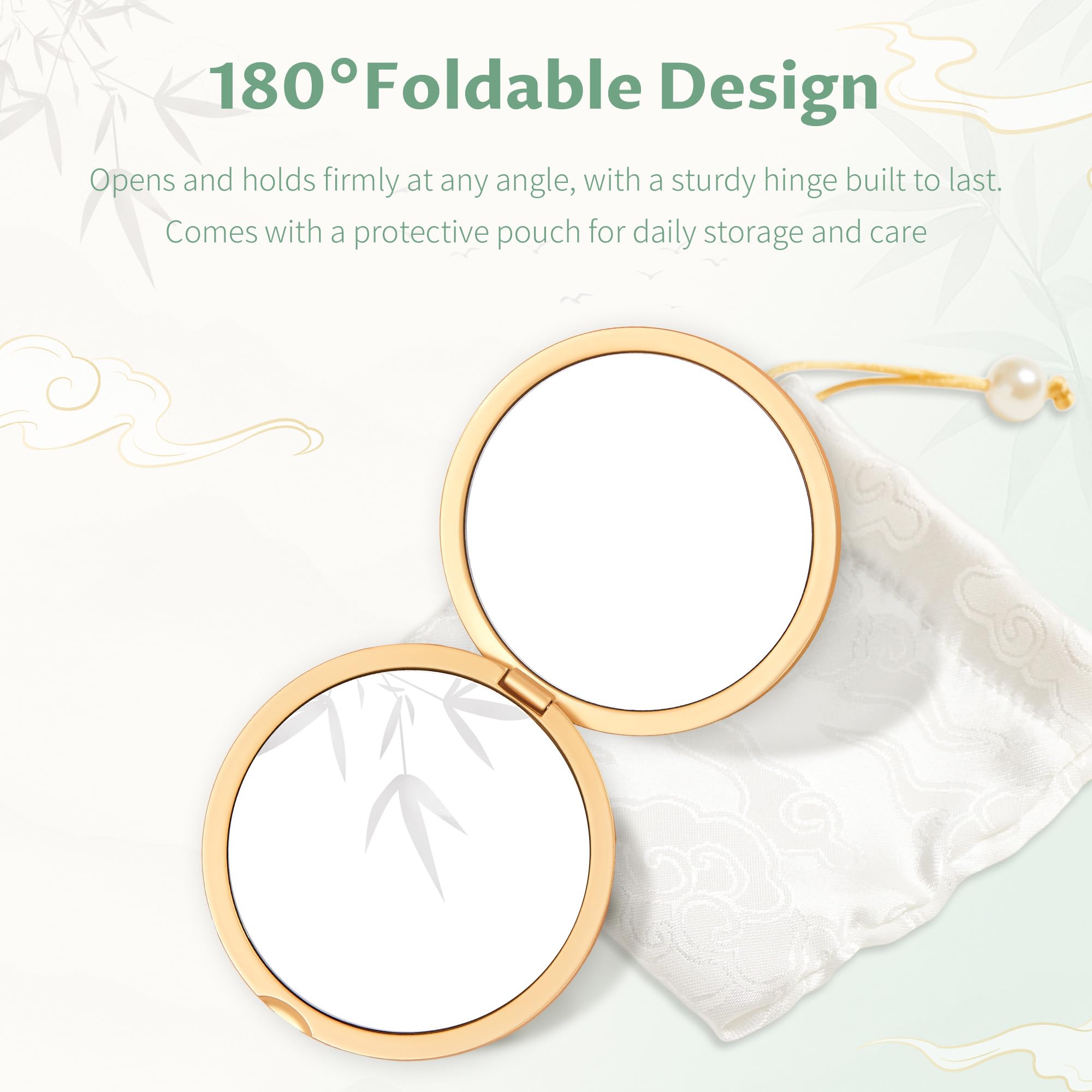 Imperblooms with protective drawstring pouch protecting mirror during travel