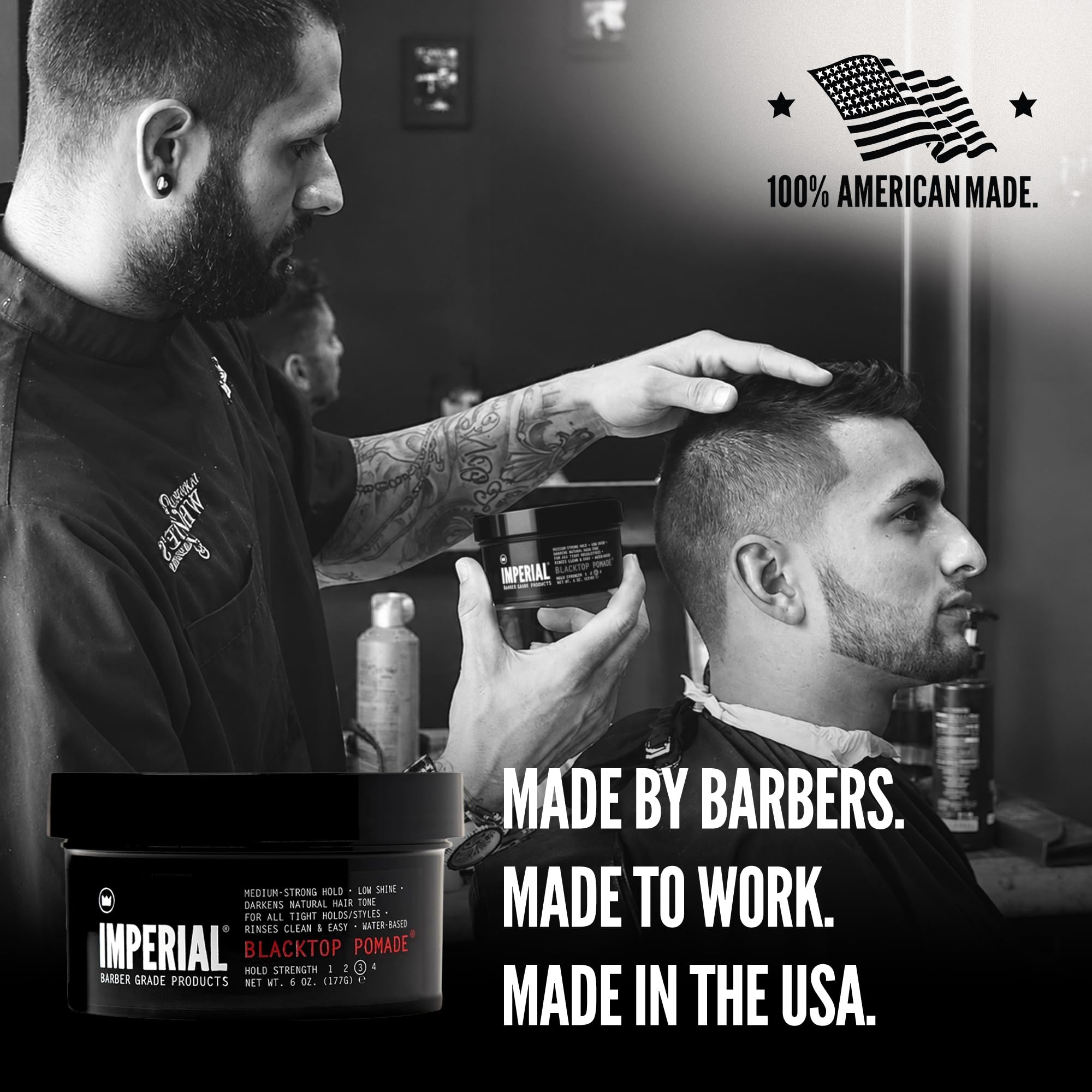 Imperial Barber Grade Blacktop on barbershop shelf showing professional-grade trusted use