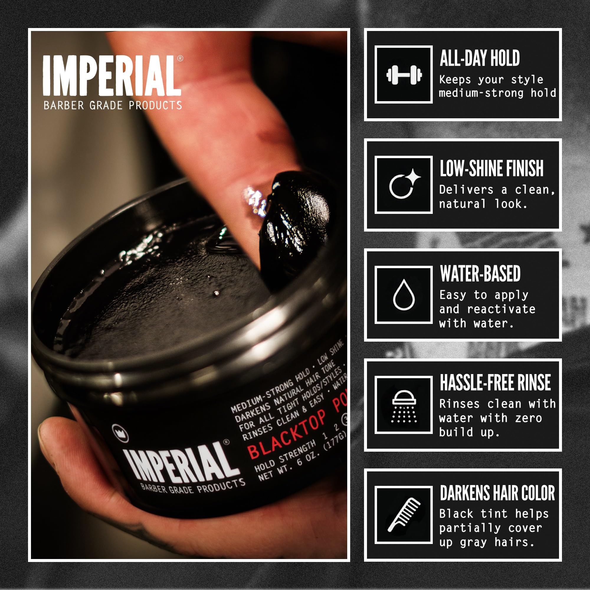 Imperial Barber Grade Blacktop side part detail showing defined, low-shine finish