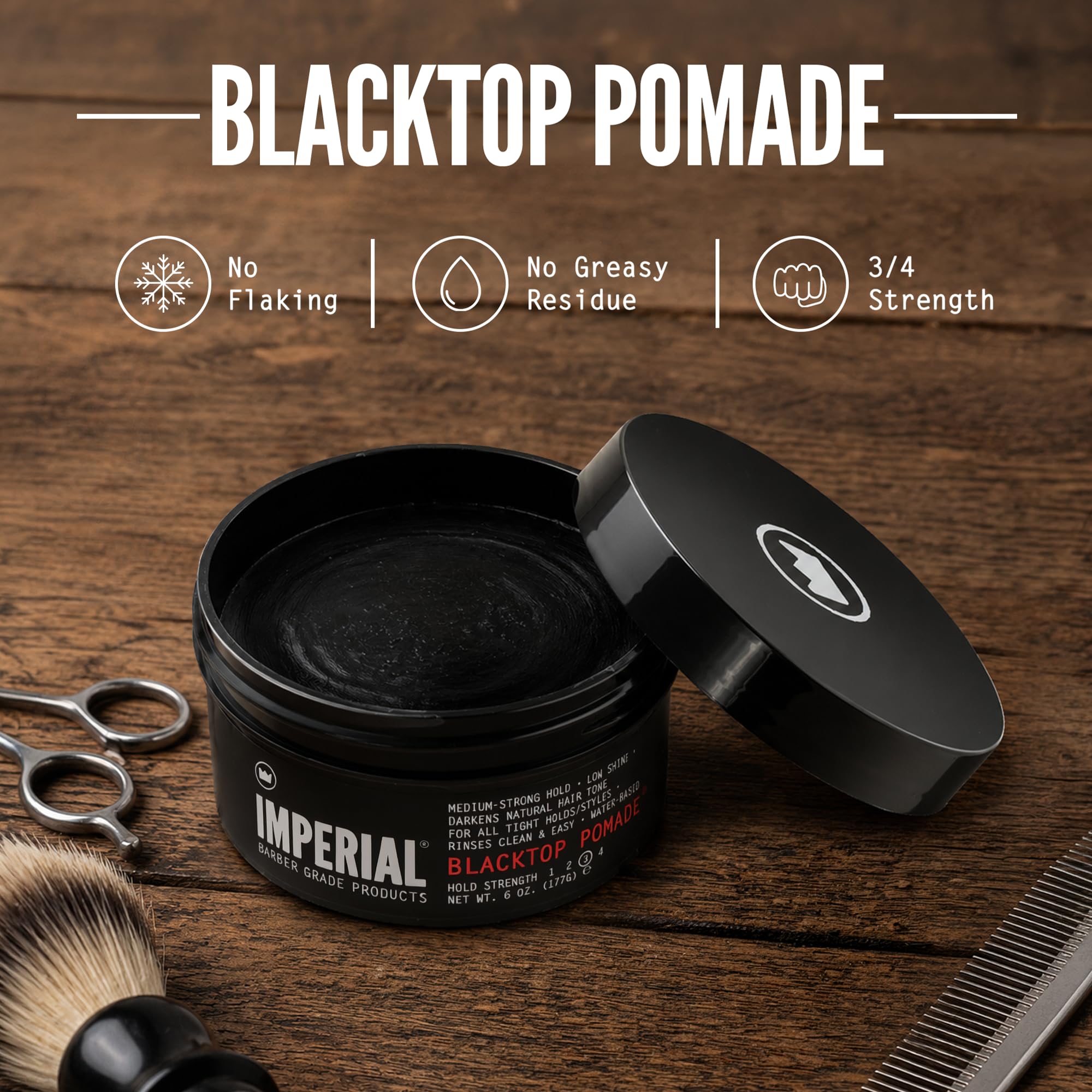 Imperial Barber Grade Blacktop styled slick-back showing long-lasting hold benefit