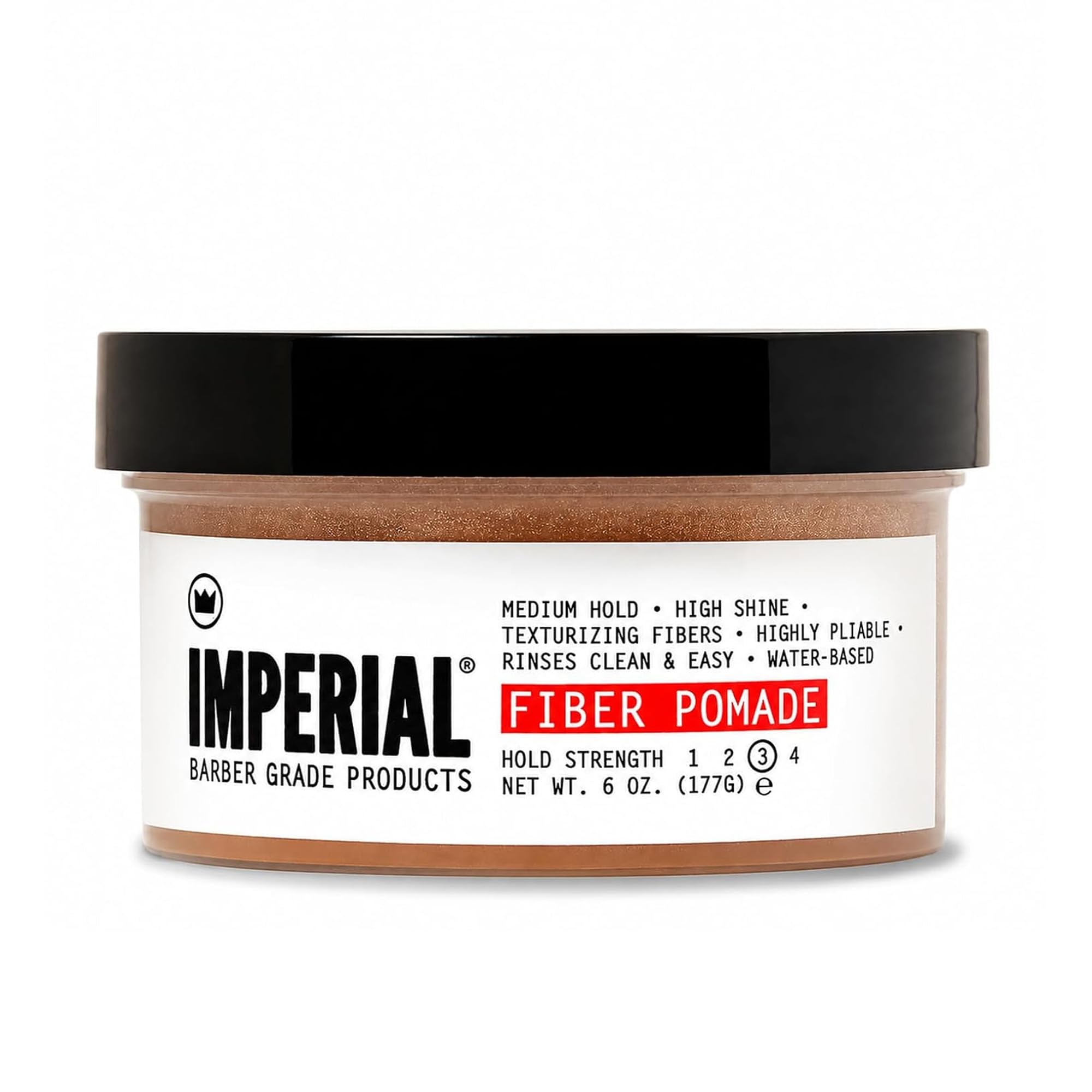 Imperial Barber Grade Fiber Pomade front jar showing product and brand benefit of polished finish