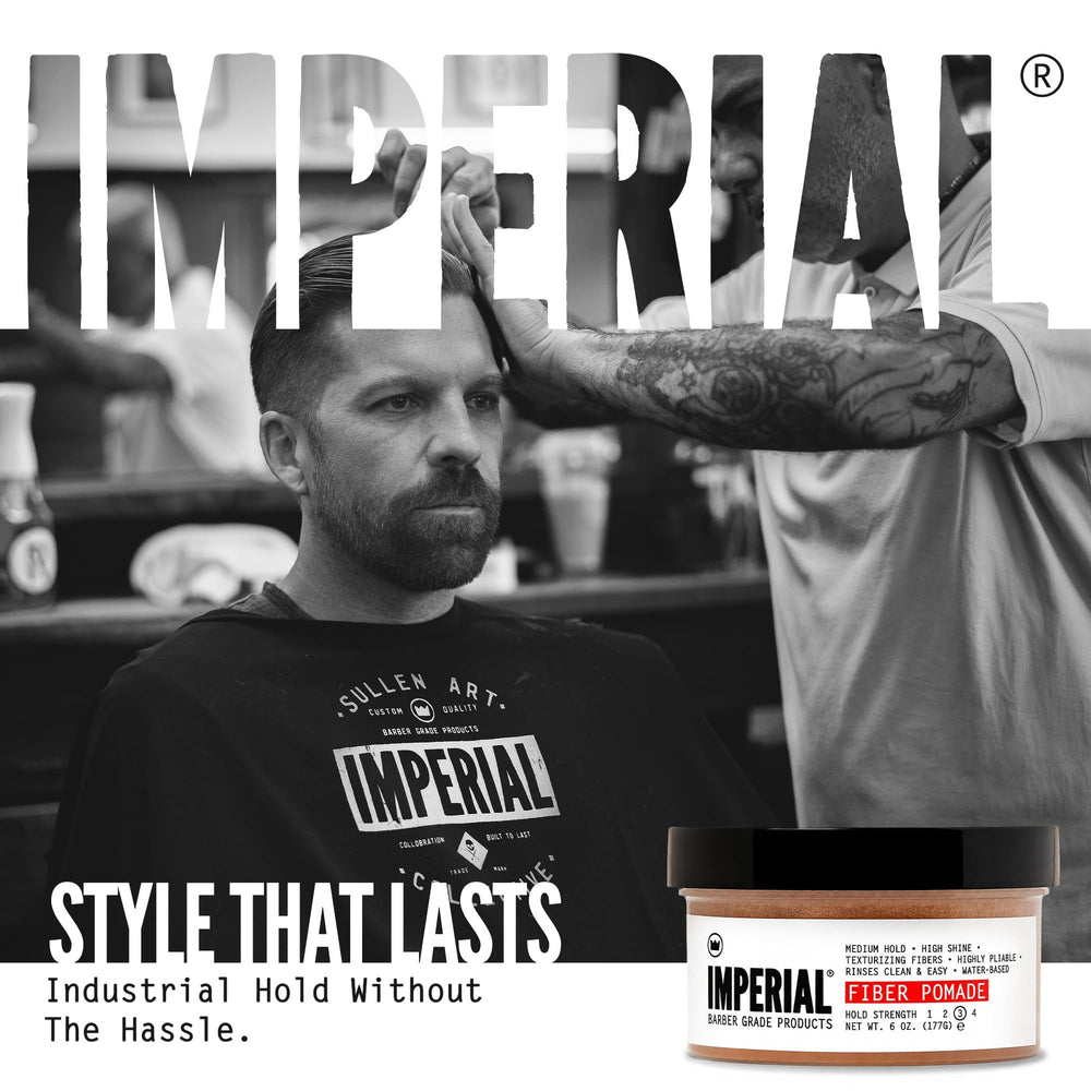Imperial Barber Grade Fiber Pomade applied and comb-styled delivering controllable medium hold