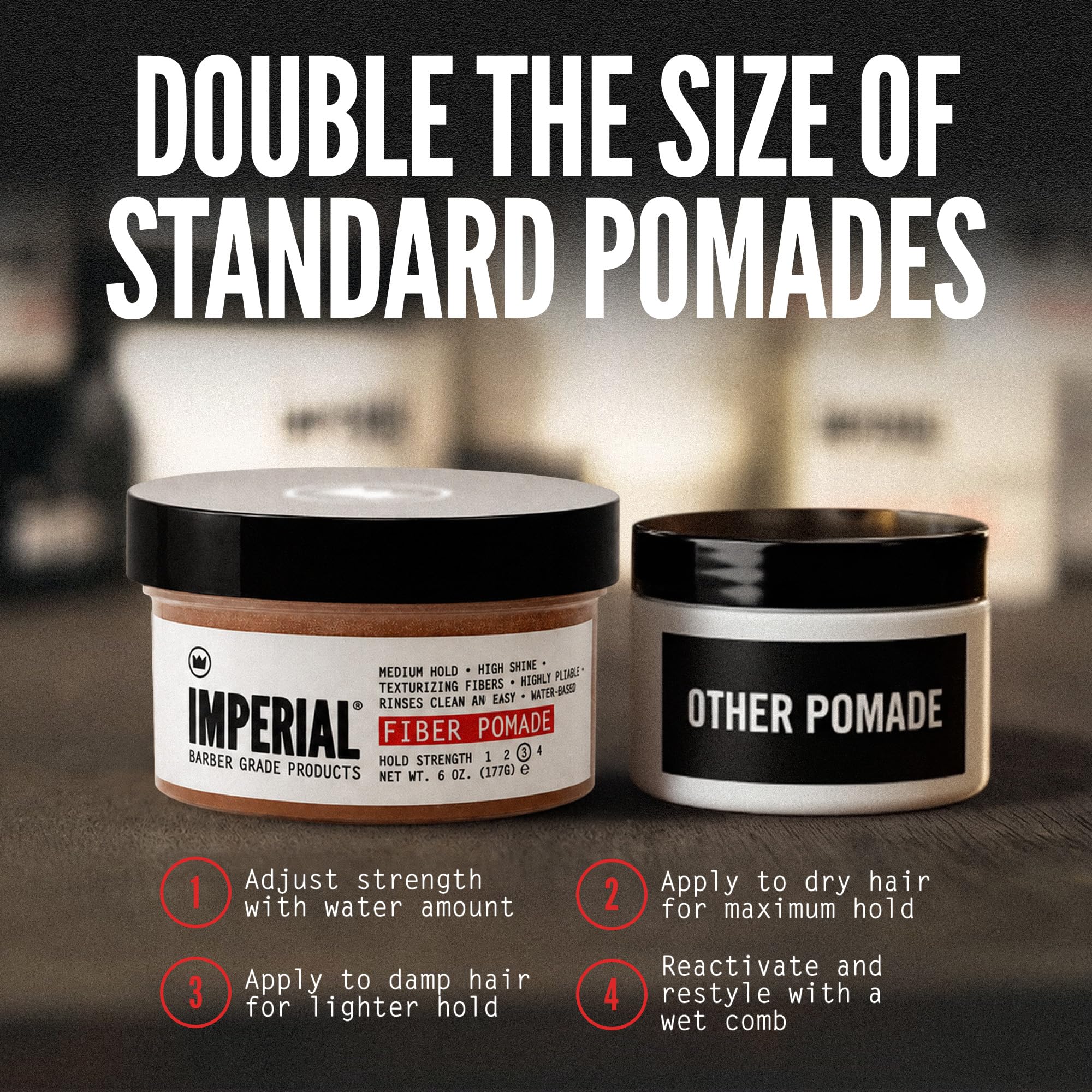 Imperial Barber Grade Fiber Pomade label close-up showing ingredients and salon-quality assurance