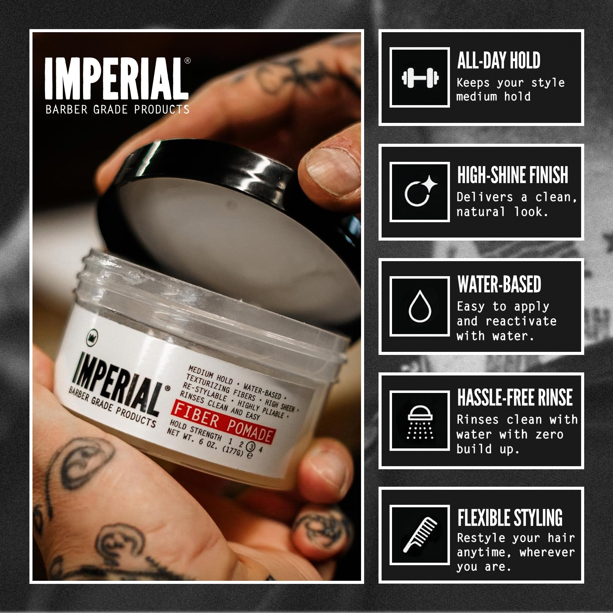 Imperial Barber Grade Fiber Pomade 6 oz jar next to ruler for scale and shelf-ready packaging benefit