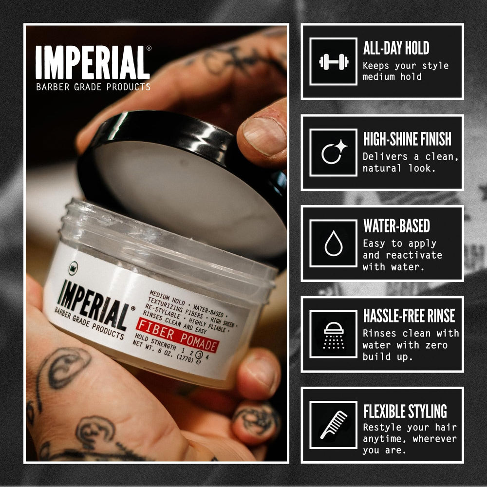 Imperial Barber Grade Fiber Pomade 6 oz jar next to ruler for scale and shelf-ready packaging benefit