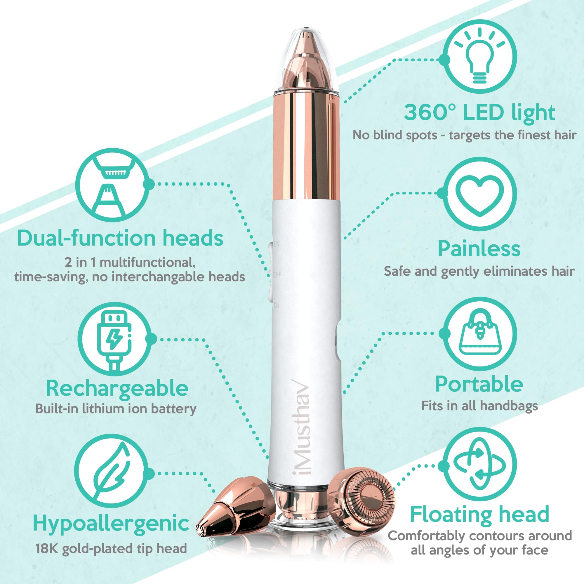 iMusthav close-up of 18K gold-plated head highlighting gentle glide benefit