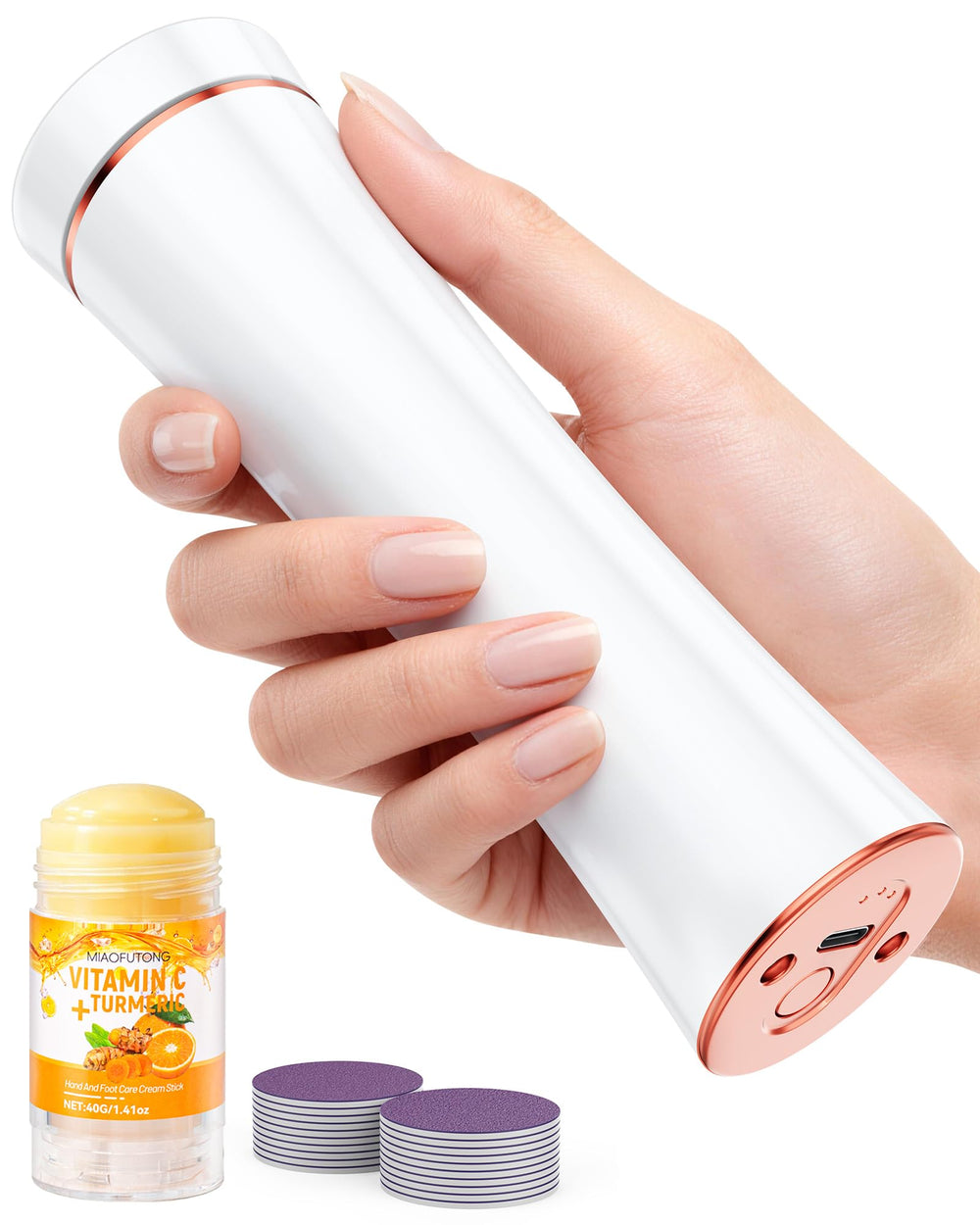 Incamity front view of electric callus remover showing ergonomic grip and compact design for control