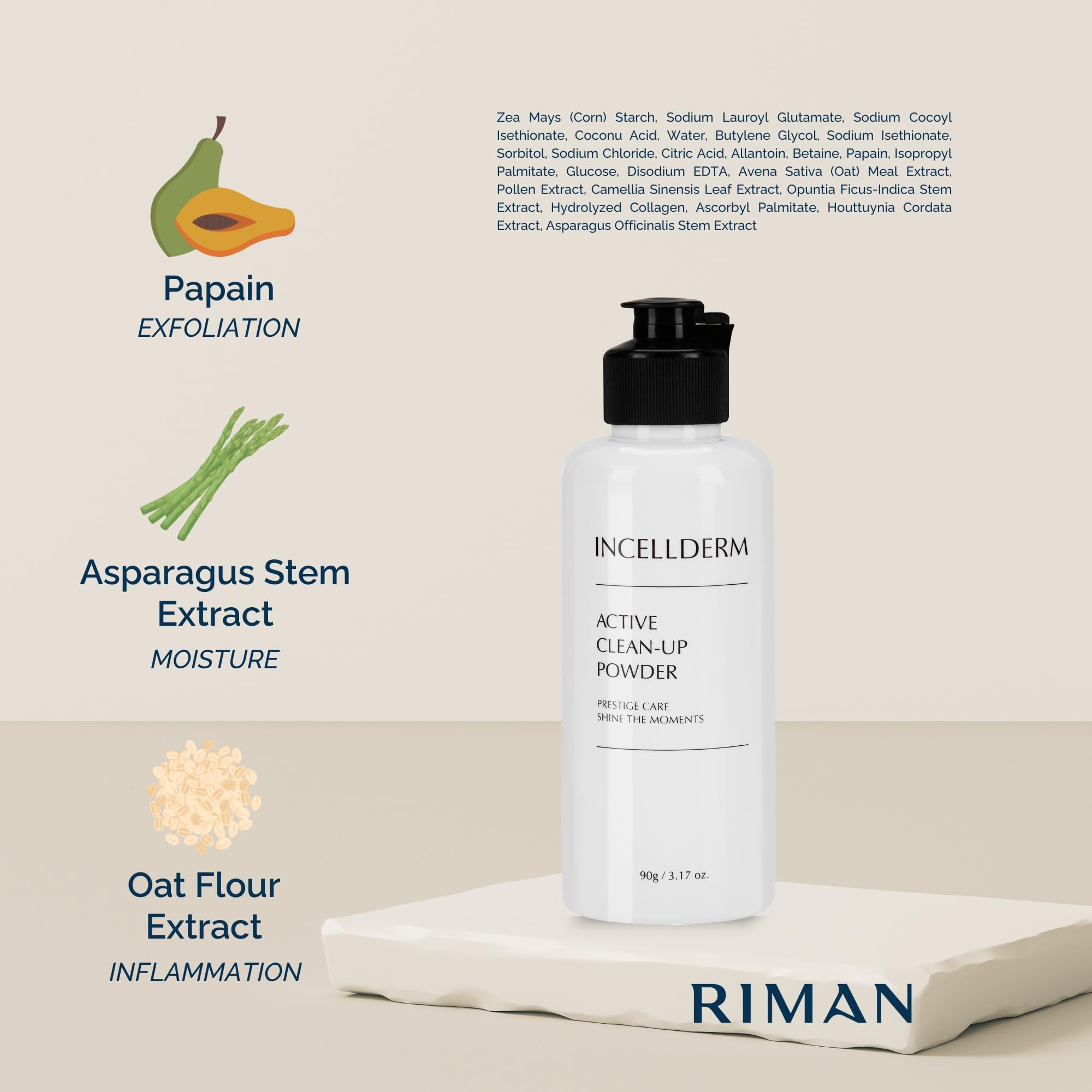 INCELLDERM botanical extracts flatlay showing camellia and centella for soothing benefits