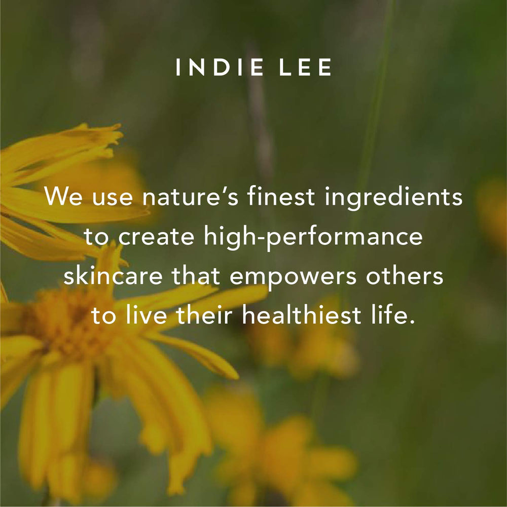 Indie Lee label detail highlighting ingredient transparency and purity