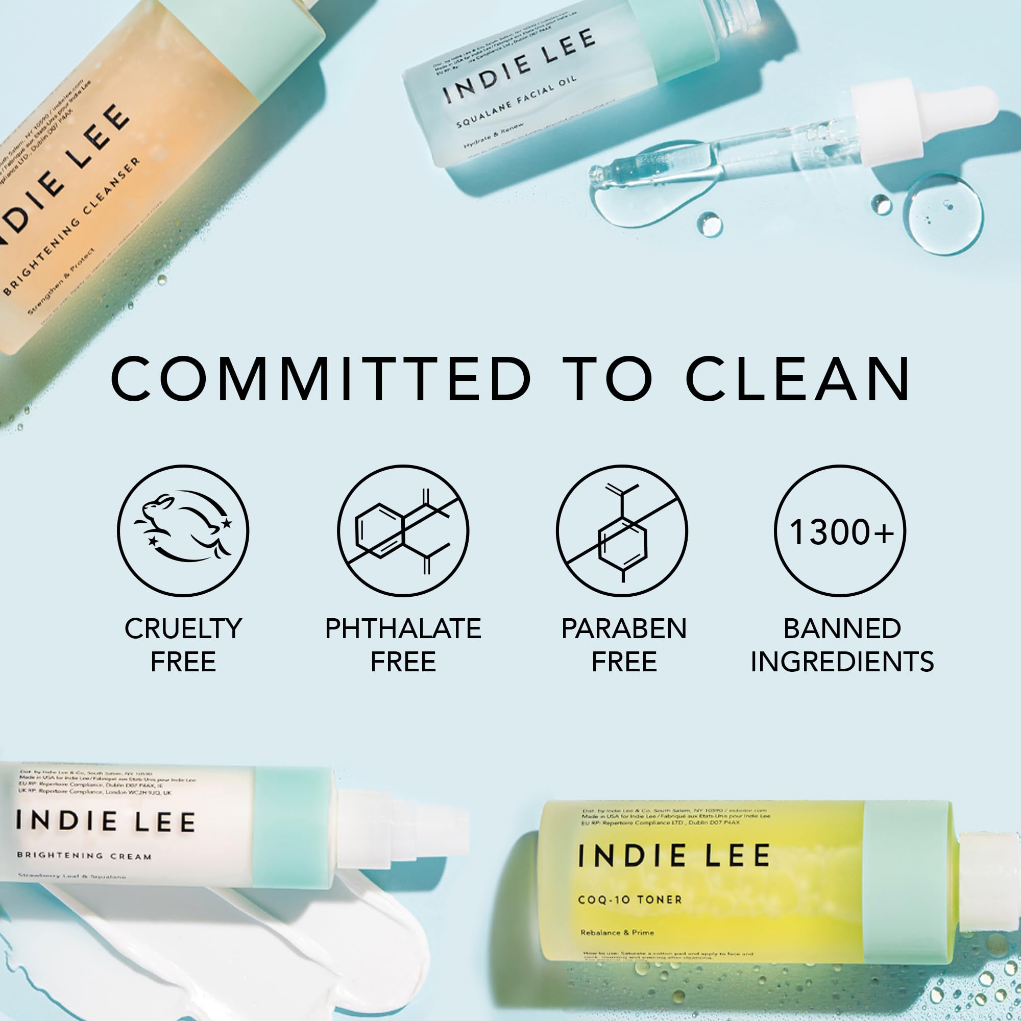Indie Lee flatlay of CoQ-10 hyaluronic and botanicals highlighting antioxidant benefit