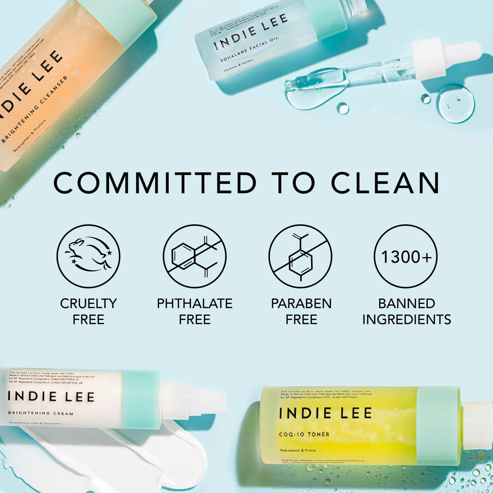 Indie Lee flatlay of CoQ-10 hyaluronic and botanicals highlighting antioxidant benefit