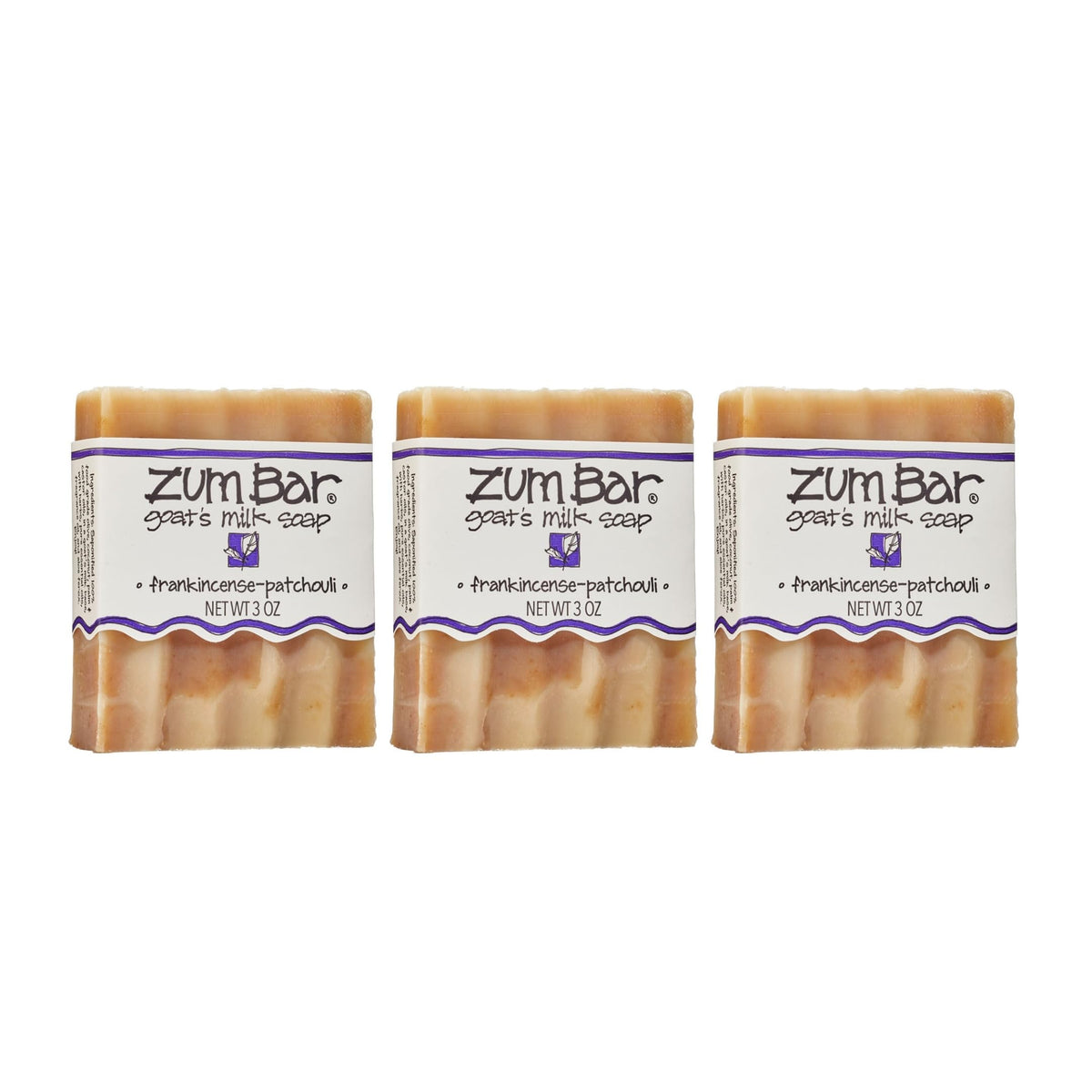 indigo wild front packaging showing three frankincense-patchouli bars and benefits