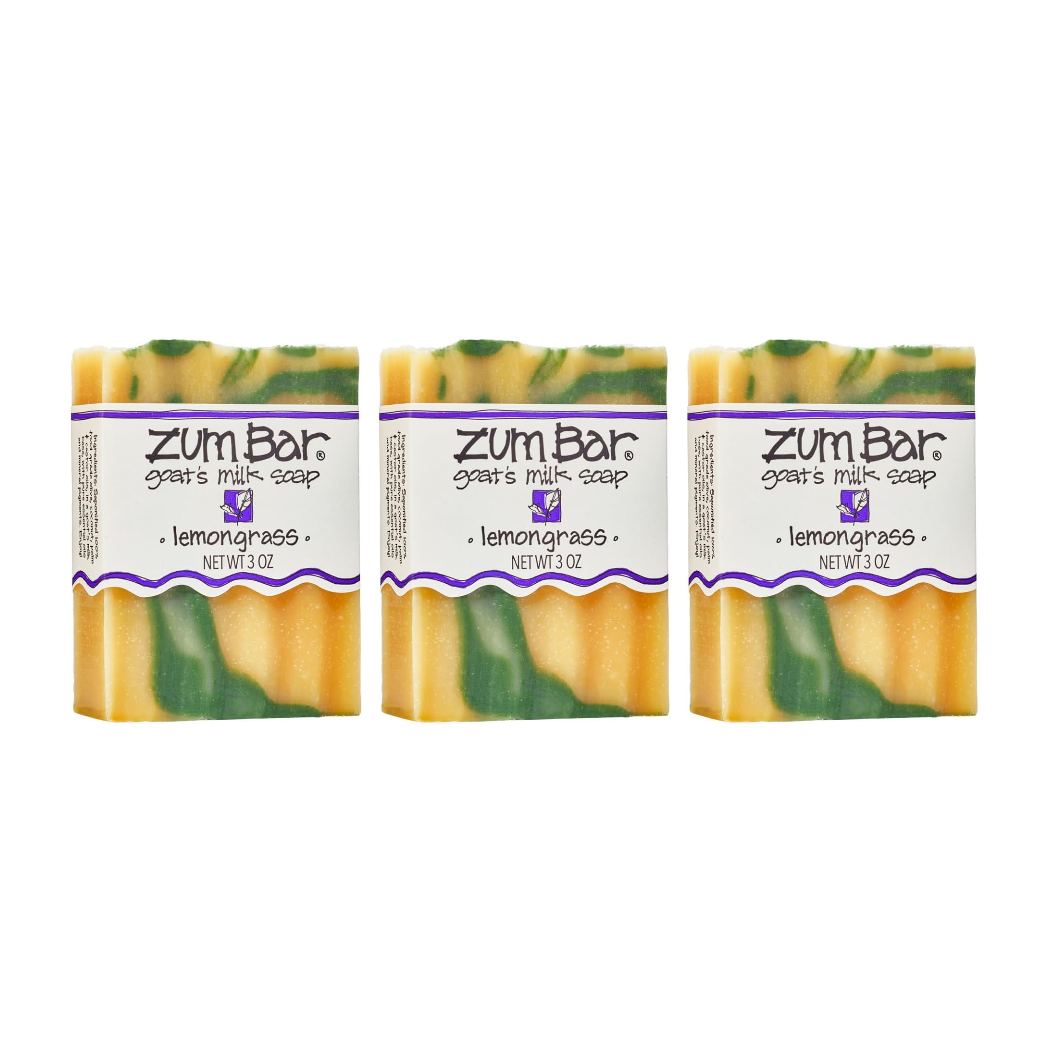 Indigo Wild Zum lemongrass front packaging showing three bars and brand benefit