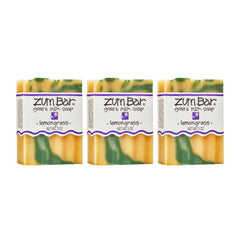Indigo Wild Zum lemongrass front packaging showing three bars and brand benefit