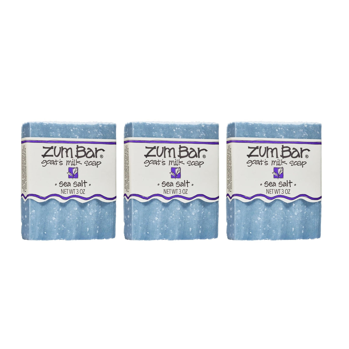 Indigo Wild front packaging showing three 3 oz Zum Sea Salt bars for easy identification and gifting