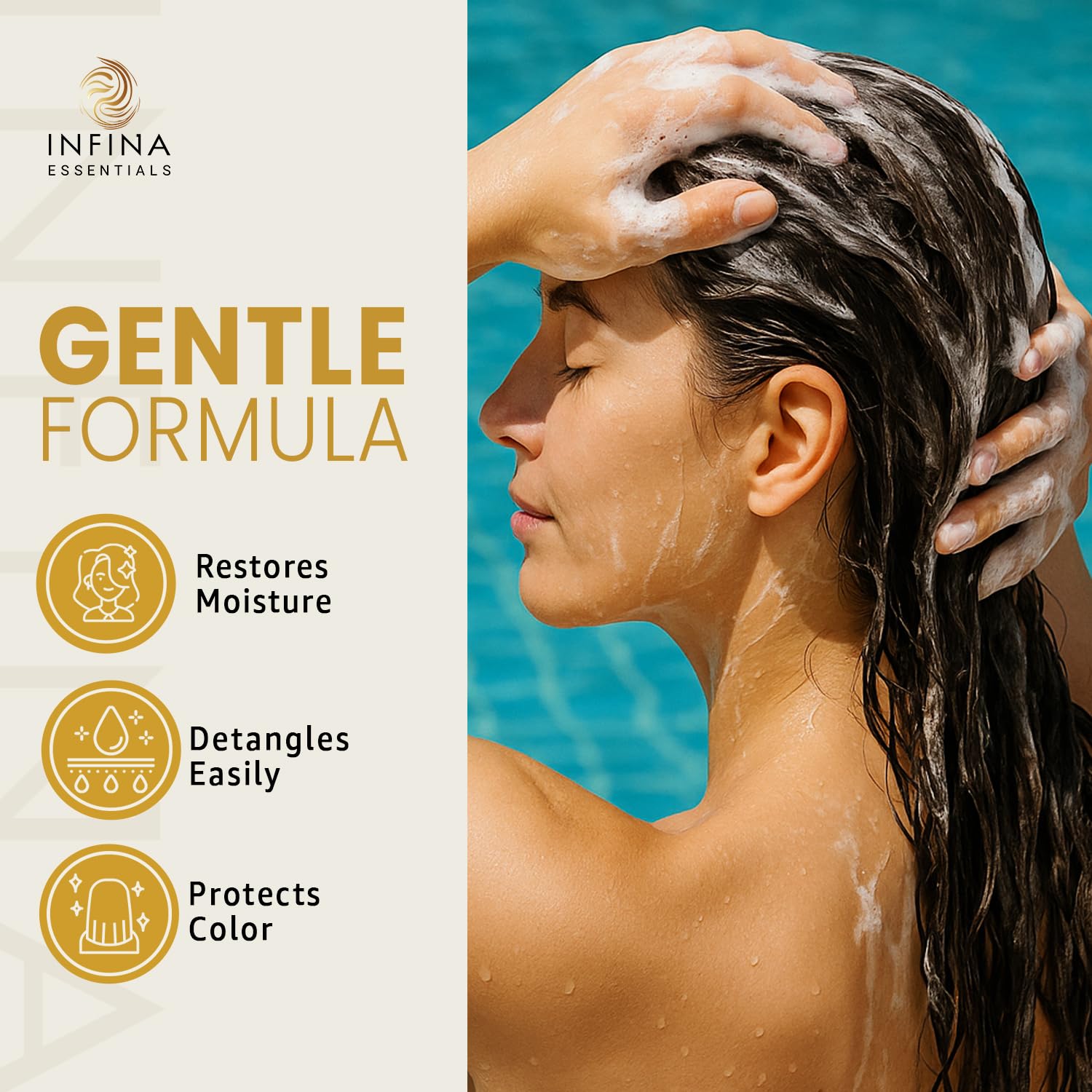 INFINA ESSENTIALS spread through wet hair for easy conditioning benefit