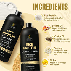 INFINA ESSENTIALS Batana oil and rice protein ingredients highlighting nourishing benefits