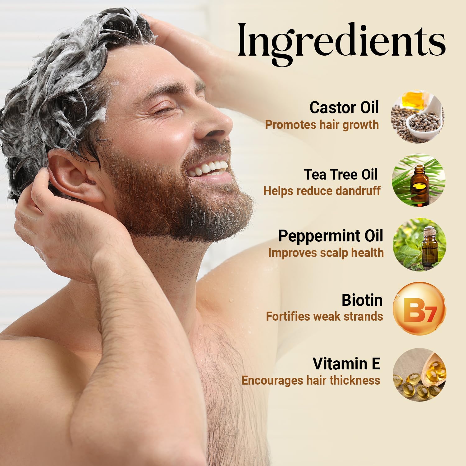 INFINA ESSENTIALS ingredients flatlay with Batana, biotin, peppermint benefits