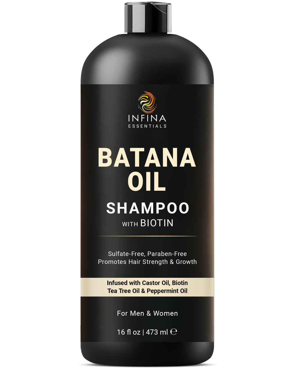 INFINA ESSENTIALS front bottle showing Batana oil shampoo benefits