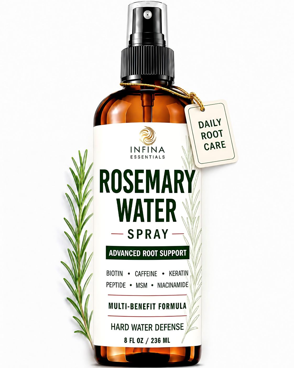 INFINA ESSENTIALS front label showing rosemary water spray and volume