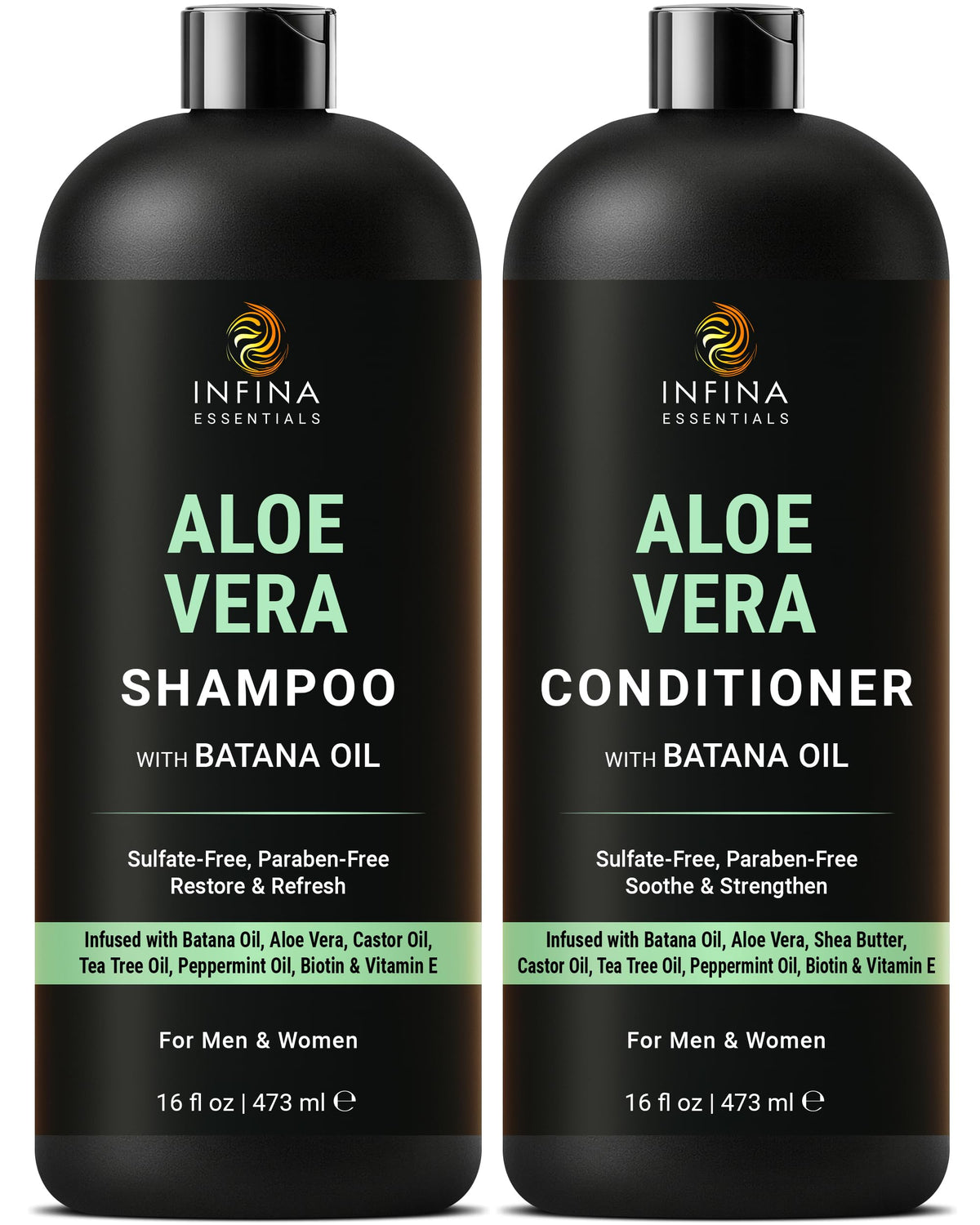 INFINA ESSENTIALS front packaging showing aloe and Batana benefits