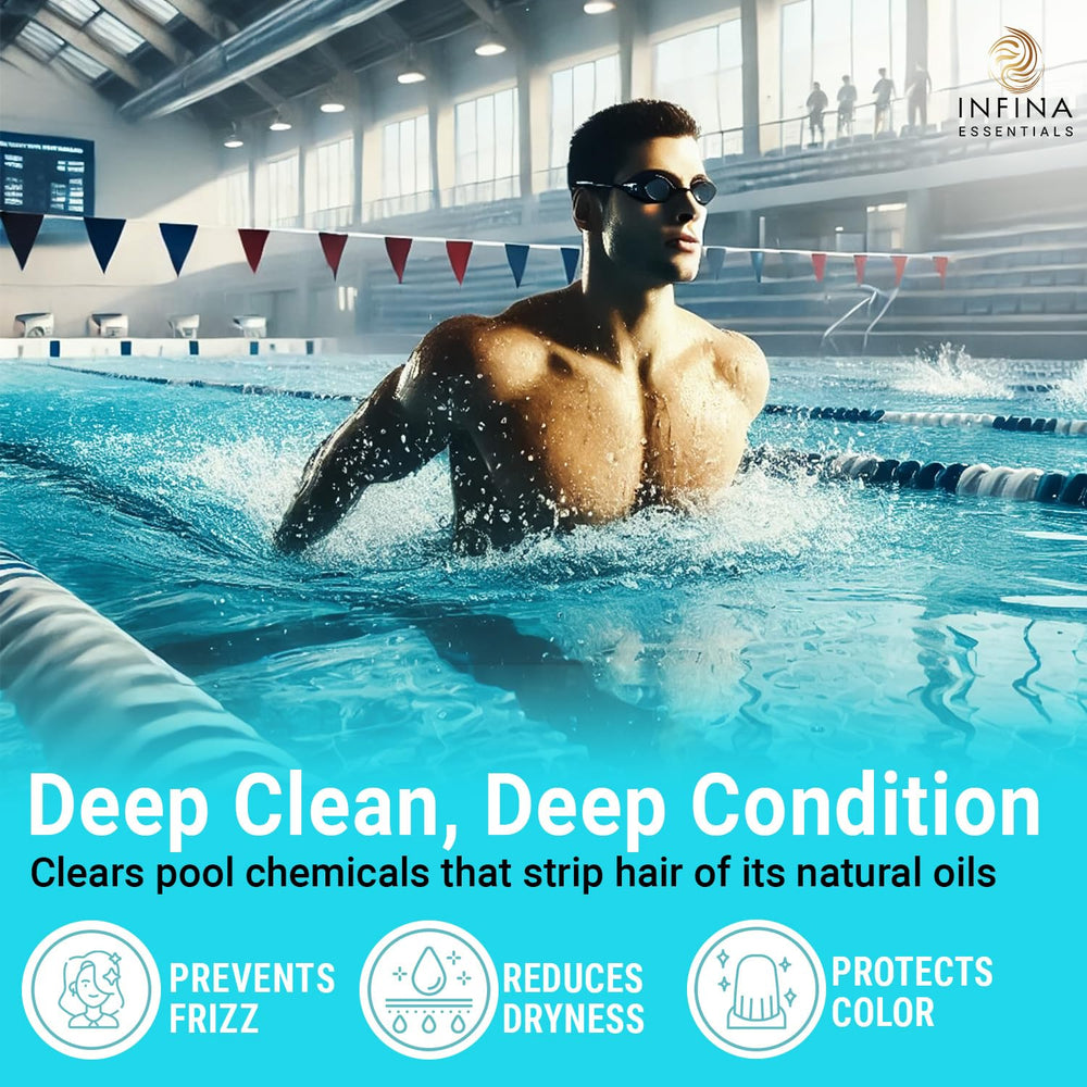 INFINA ESSENTIALS shampoo lather on hair illustrating clarifying action after swimming
