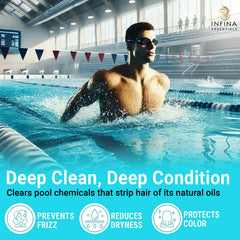 INFINA ESSENTIALS shampoo lather on hair illustrating clarifying action after swimming