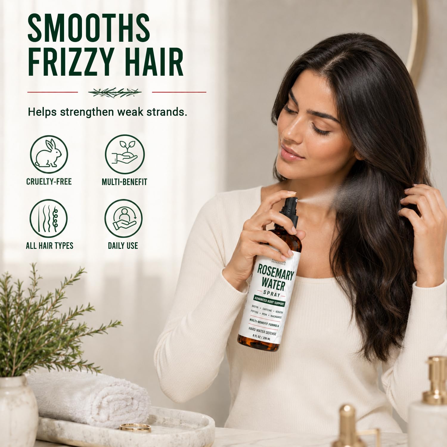 INFINA ESSENTIALS fine mist on hair showing no-grease, quick-dry finish