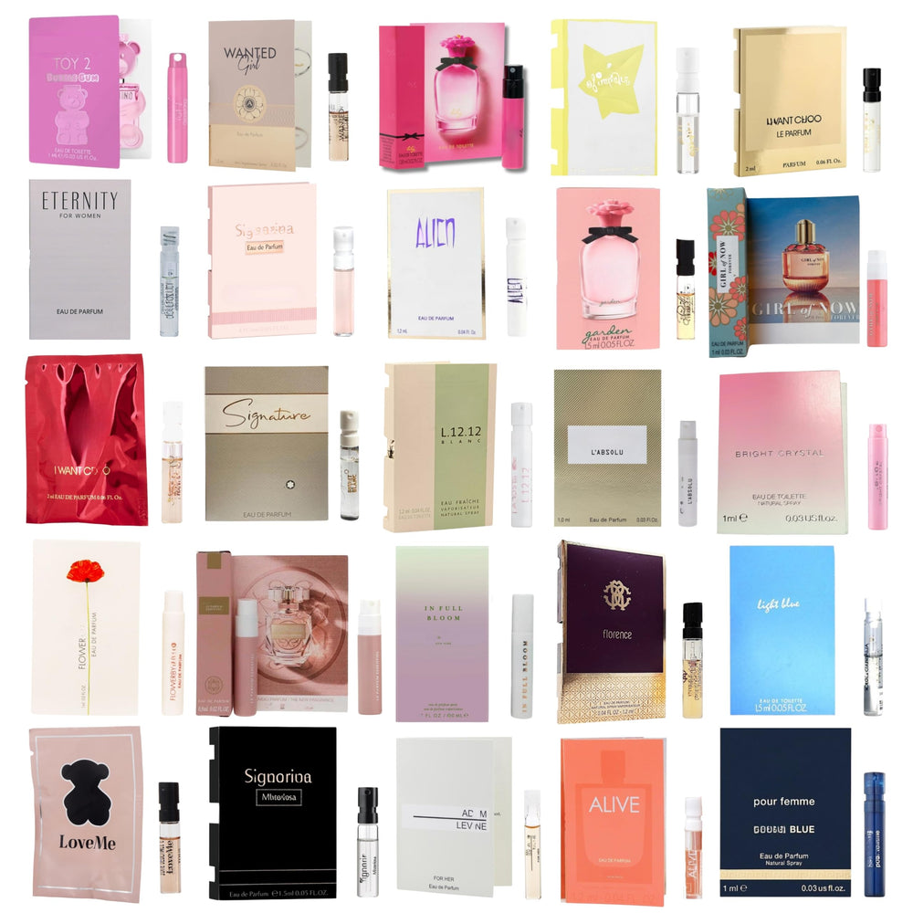 Infinite Scents front packaging displaying 12 assorted designer fragrance vials for easy sampling