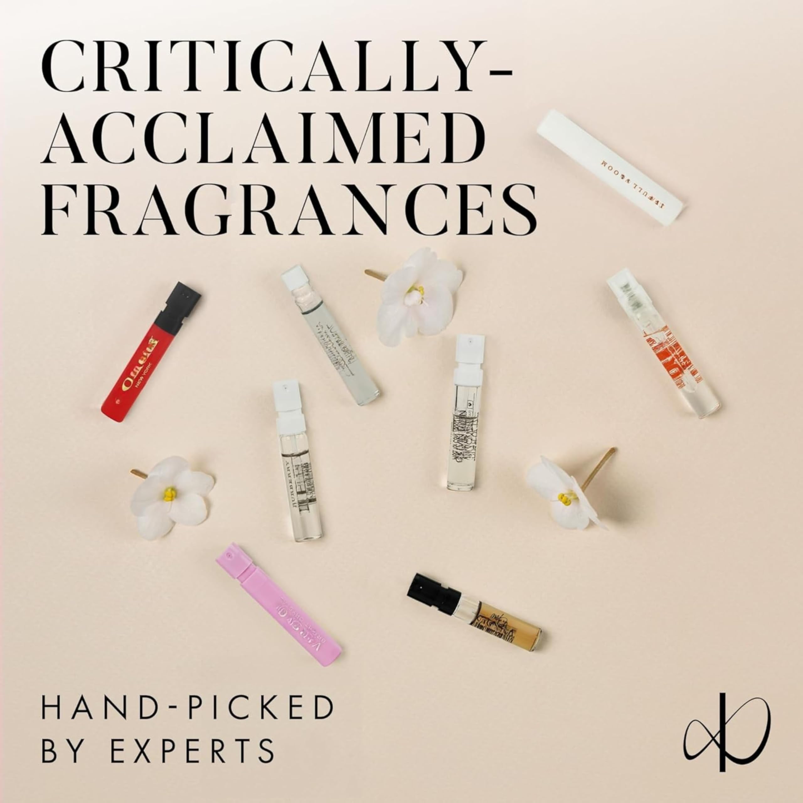 Infinite Scents array of twelve vials spread out, offering variety and easy scent comparison