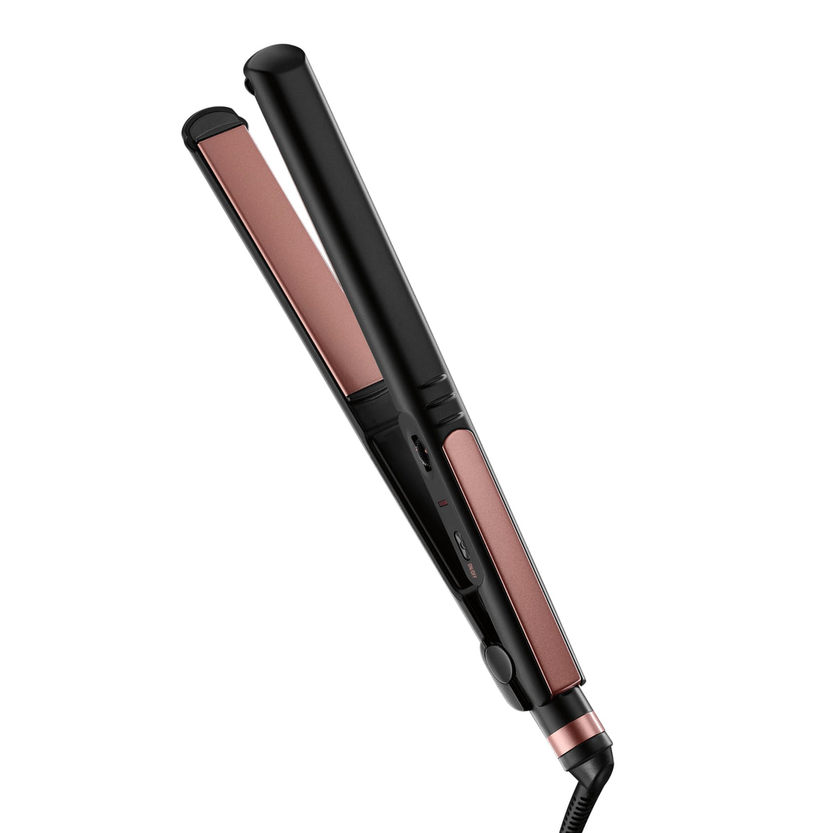 INFINITIPRO BY CONAIR front view showing sleek black body and rose gold plates, quick styling