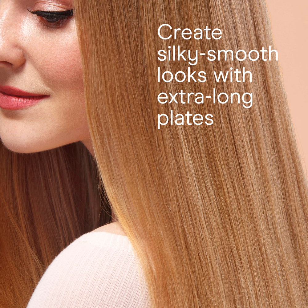 INFINITIPRO BY CONAIR extra-long plates next to standard iron, covers more hair