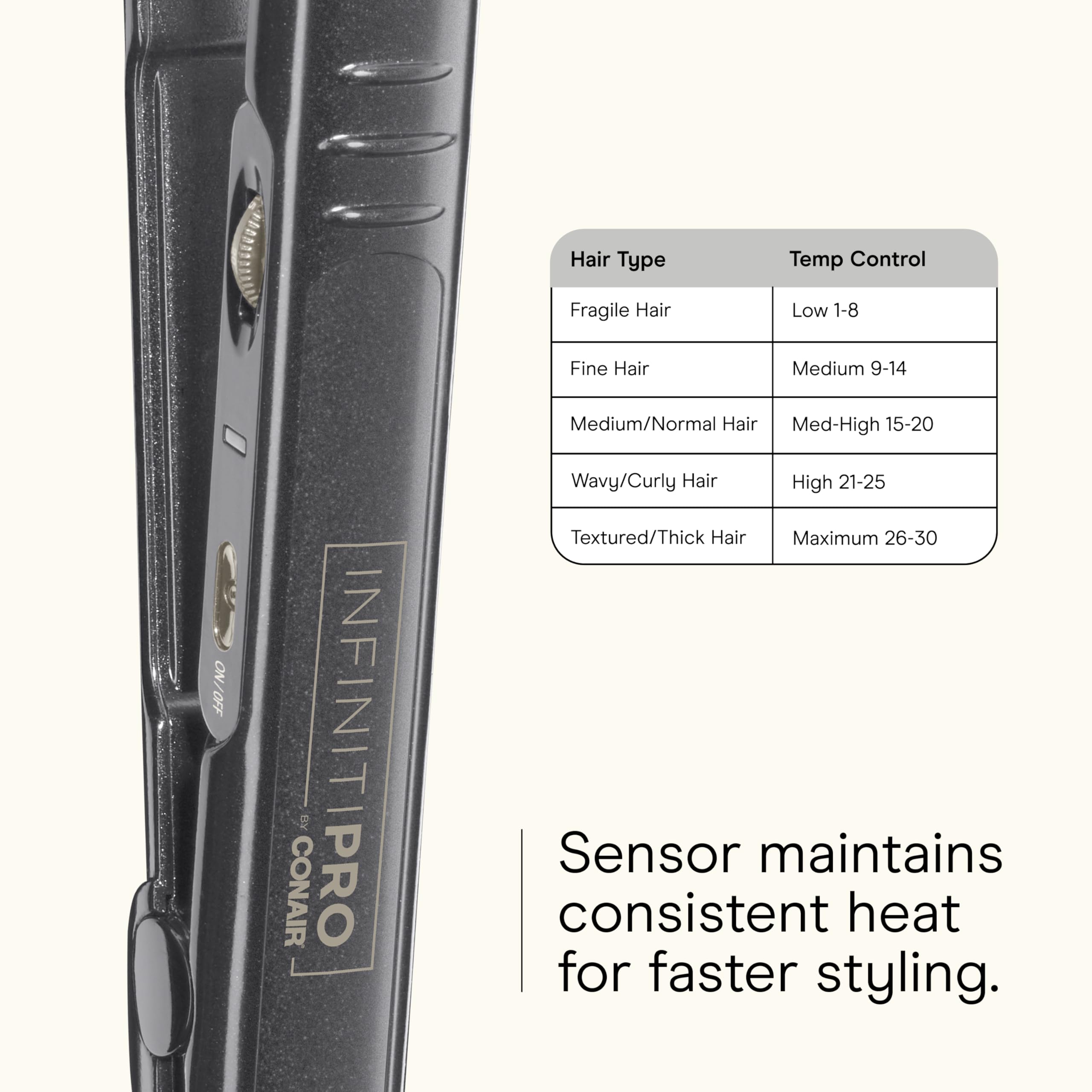 INFINITIPRO BY CONAIR in use smoothing hair to demonstrate straight and curled styling