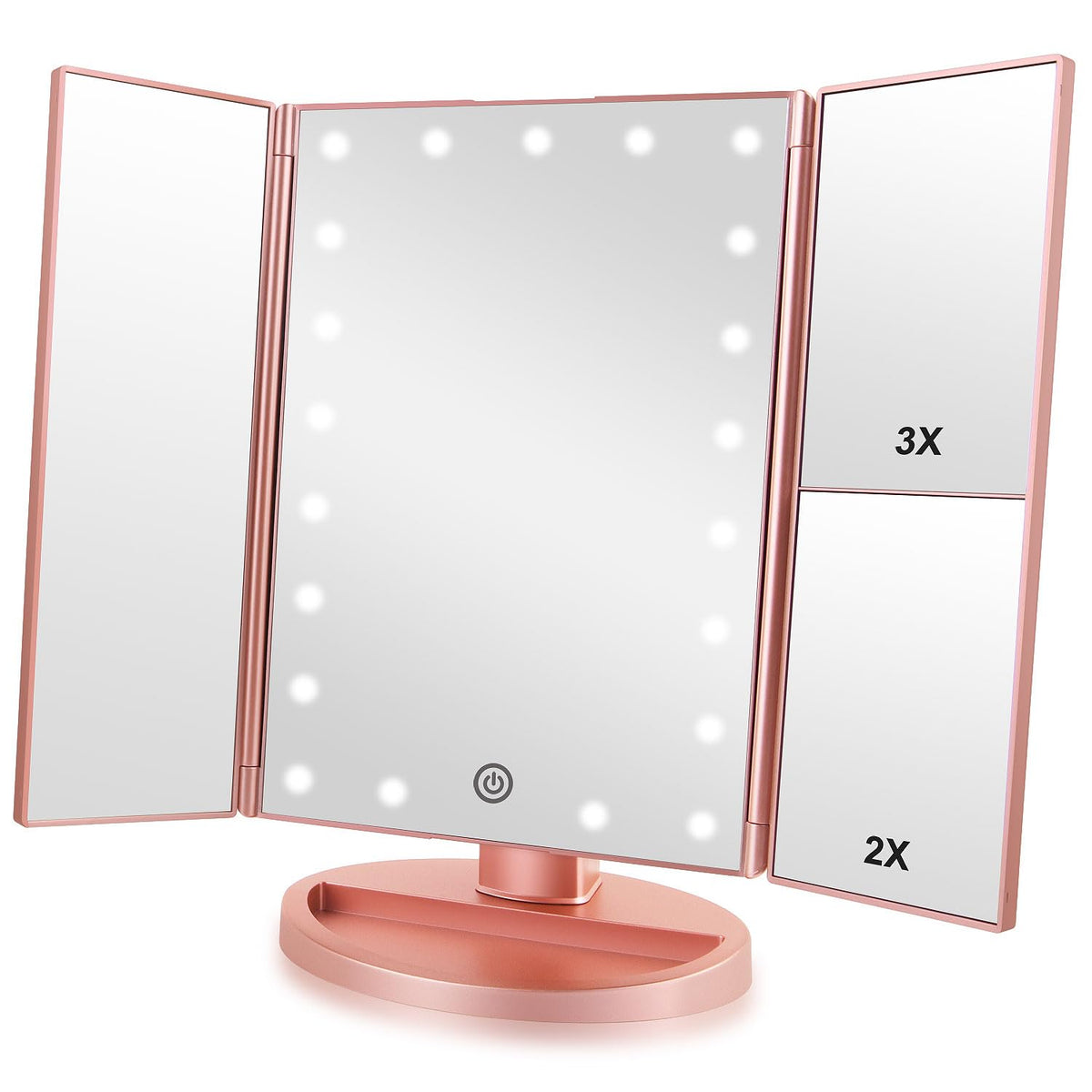 Infitrans front view lit mirror showing clean reflection and bright LEDs benefit accurate makeup