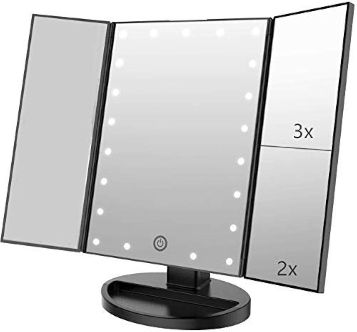 Infitrans vanity mirror front view showing trifold design and bright LEDs for precise makeup