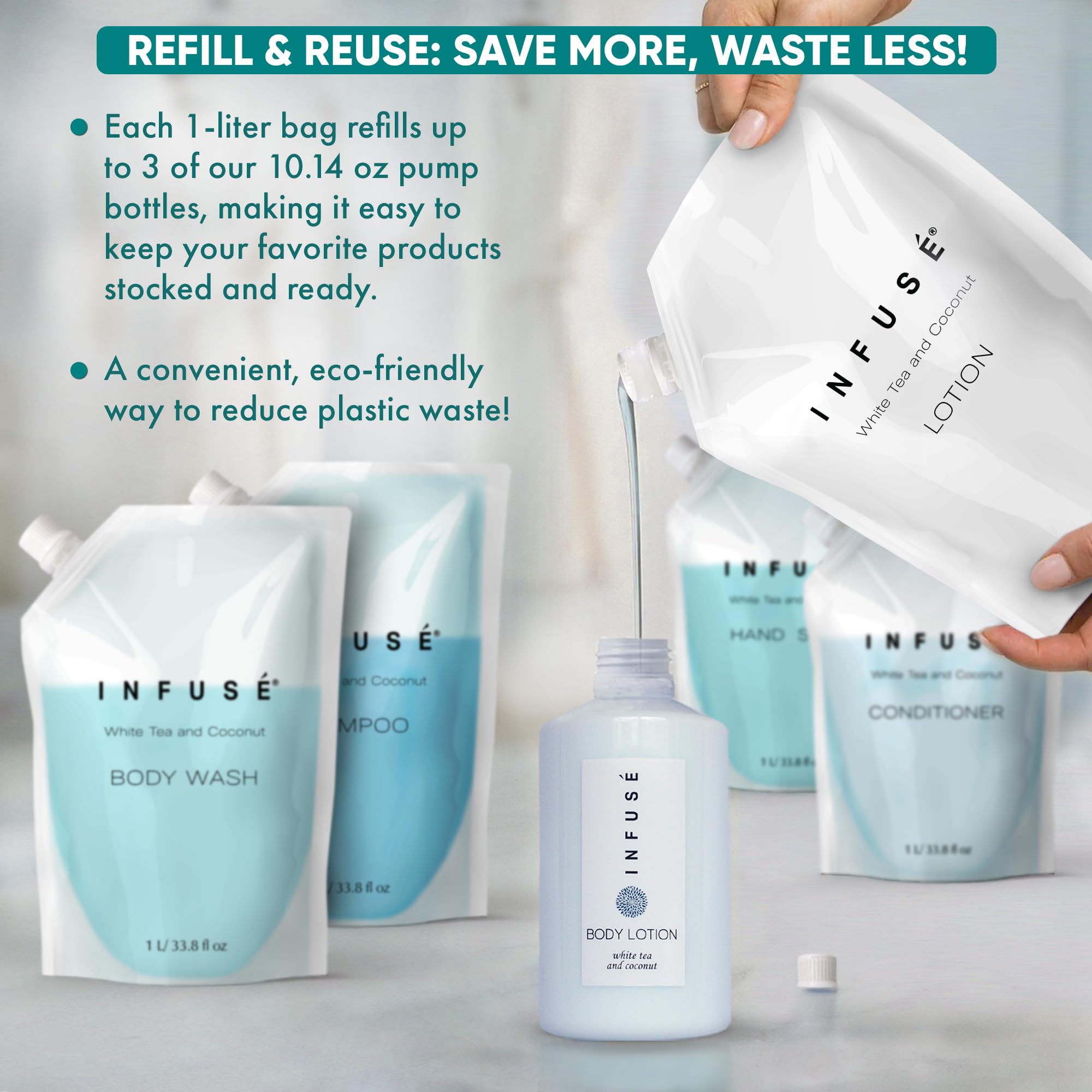 INFUSÉ bag dispensing lotion into a dispenser, fast low-spill refill