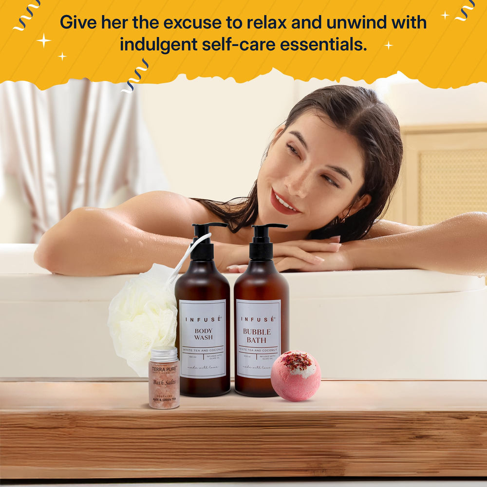 INFUSÉ face masks and bath salts arrangement, targeted hydration boost