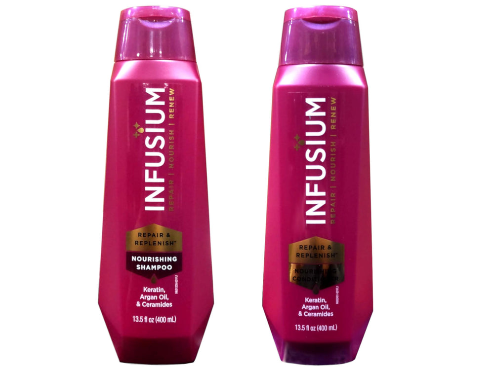 INFUSIUM 23 front packaging showing matching shampoo and conditioner benefits