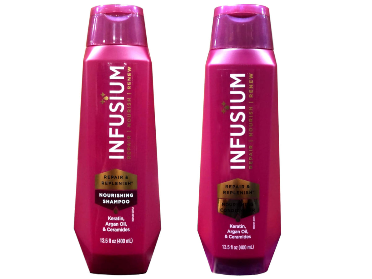 INFUSIUM 23 front packaging showing matching shampoo and conditioner benefits