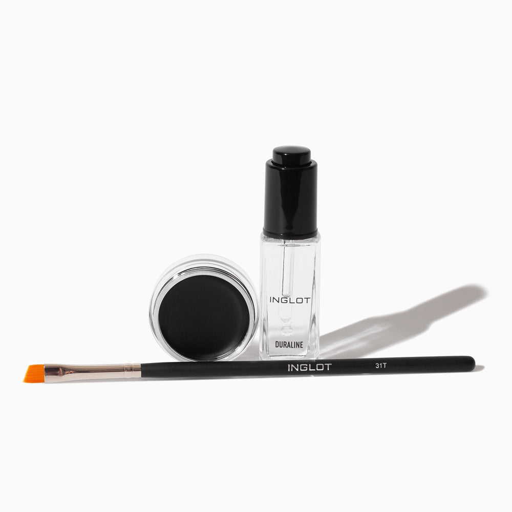 Inglot set in use on eyes demonstrating defined liner, lifted lashes, and finished look
