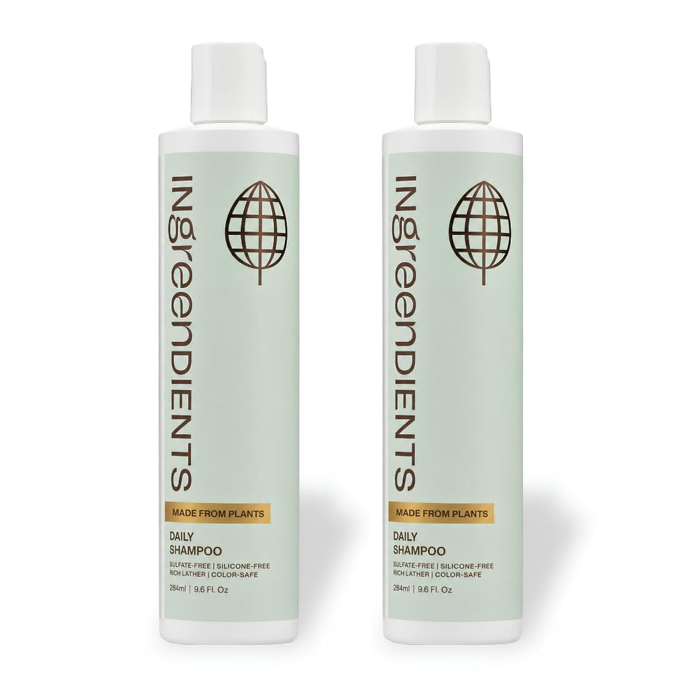Ingreendients front packaging showing two shampoo bottles and eco benefits
