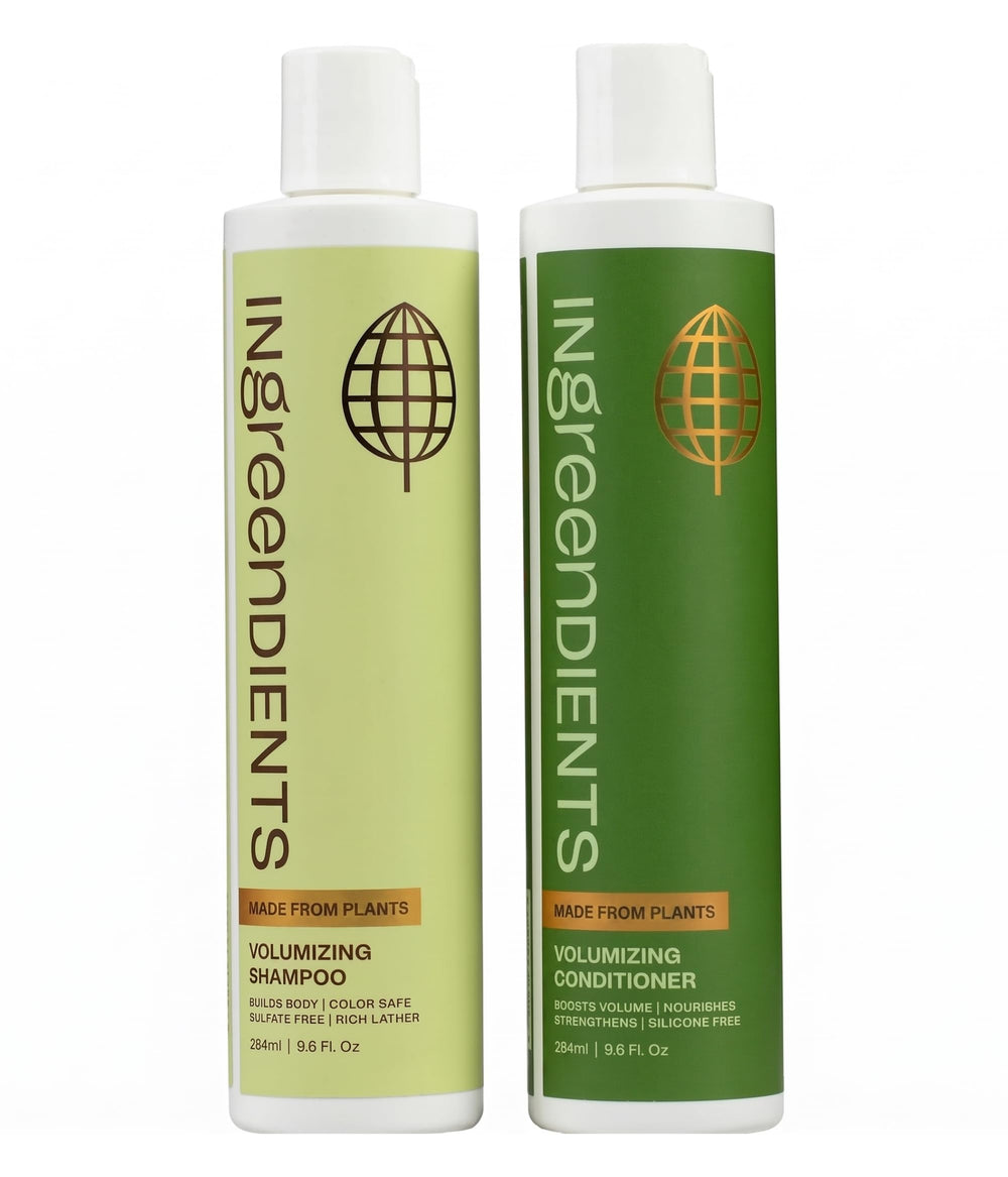 Ingreendients front packaging showing volumizing shampoo and conditioner, promotes clean ingredients