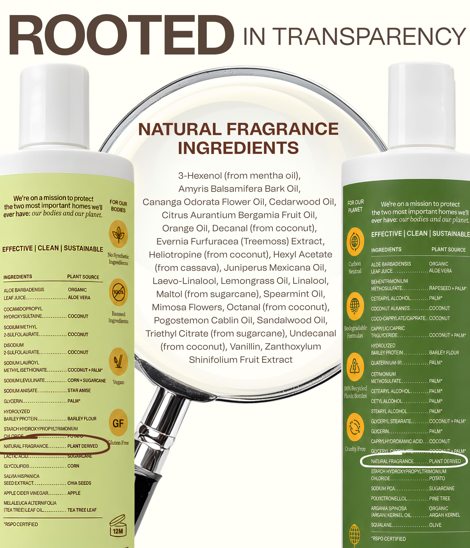 Ingreendients label close-up with claims and badges, communicates vegan cruelty-free benefits