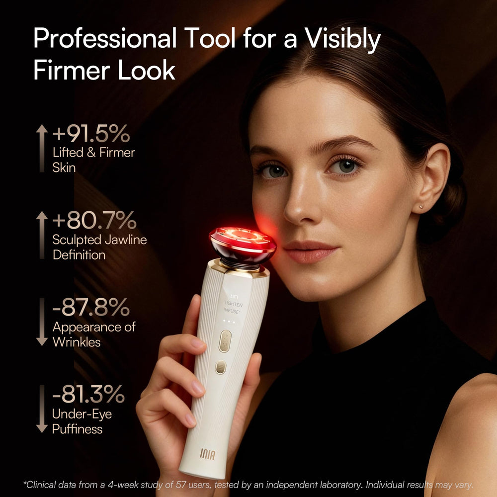 INIA FLARE red LED lights glowing showing targeted red light therapy benefit