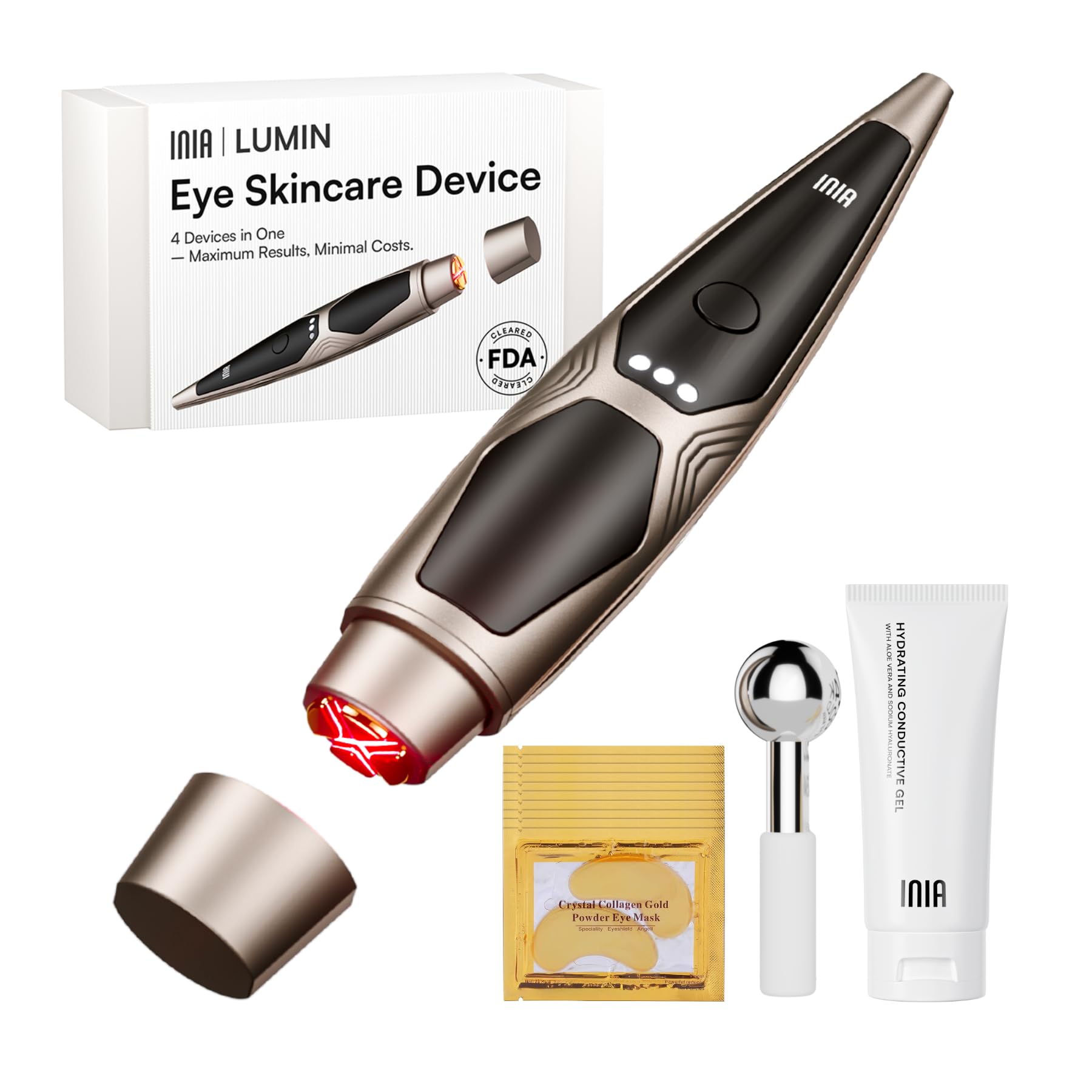 INIA front view of sleek 4-in-1 eye wand showing compact shape and portability