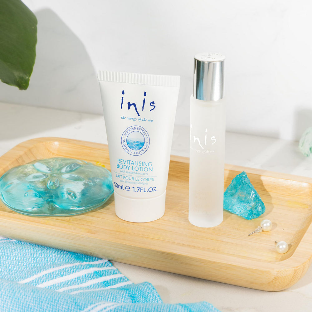 Inis lotion texture close-up showing creamy finish for fast absorption