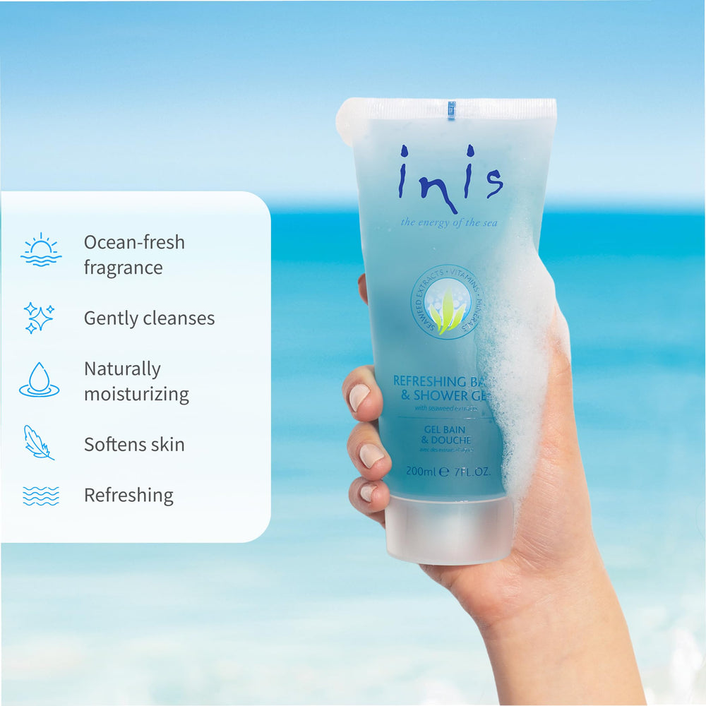 Inis body wash in shower use demonstrating refreshing, hydrating cleanse